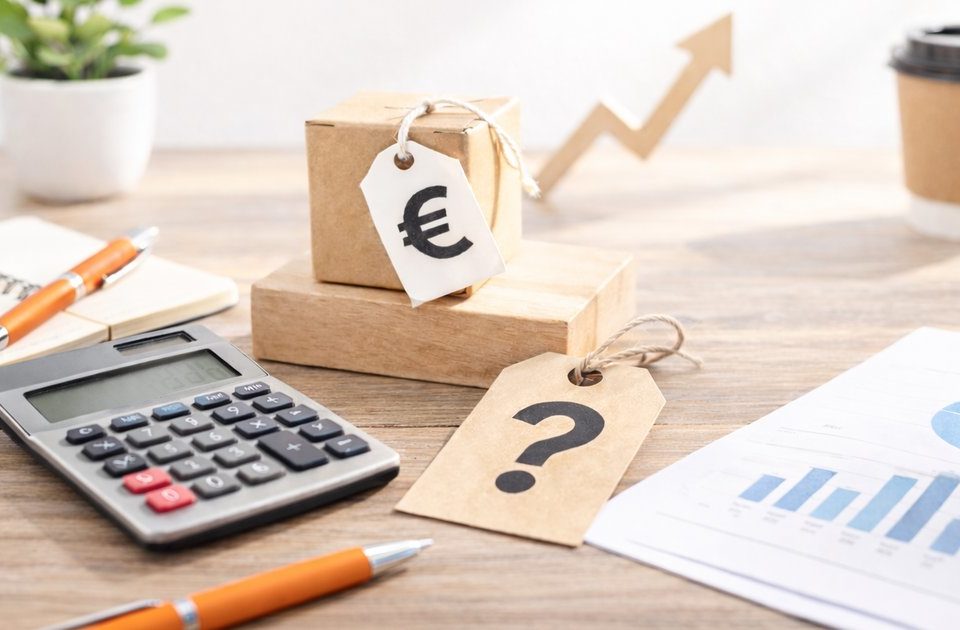 Càlcul del preu de serveis i productes amb calculadora i etiquetes sobre una taula de treball.